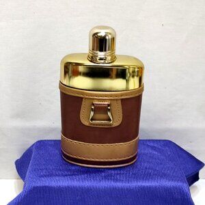 Comoy Of London Flask Gold Tone Glass w/ Leather Case Elegant Barware Vintage